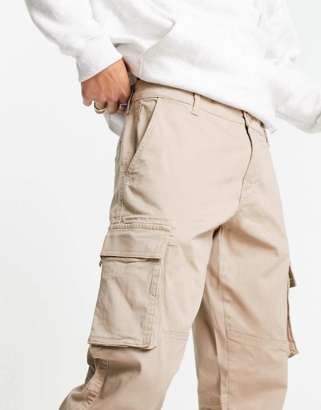 Only & Sons tapered fit cuffed cargo pants in stone Product Image