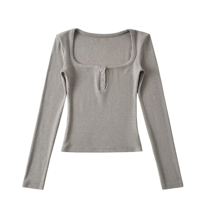 Long-Sleeve Square-Neck Plain Henley T-Shirt Product Image