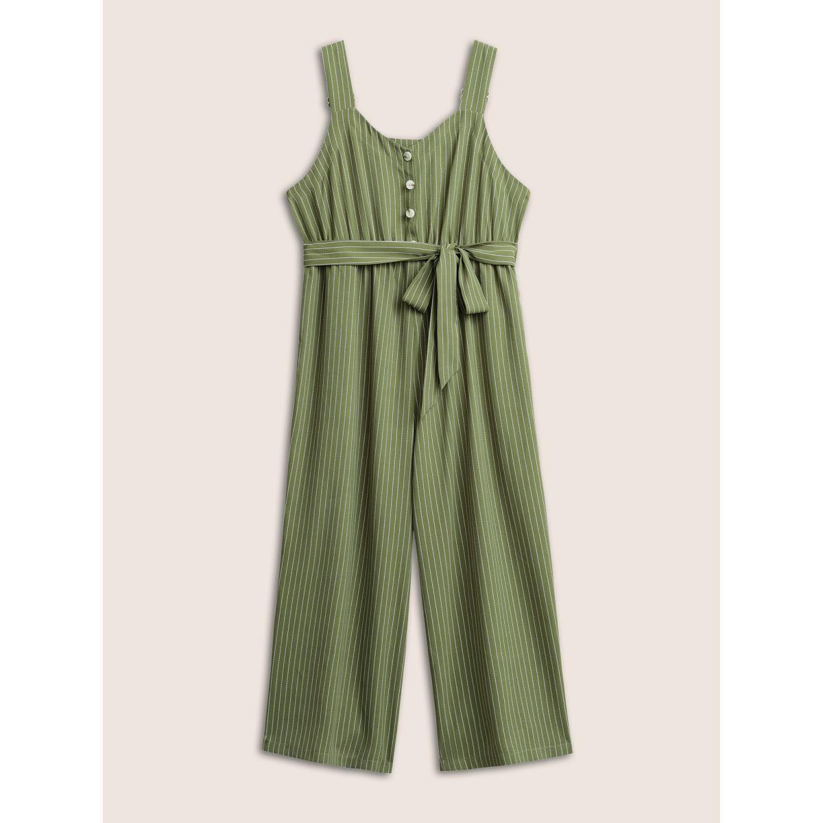 Plus Size Moss Striped Belted Elastic Waist Adjustable Straps Jumpsuit Women Casual Sleeveless Non Everyday Loose Jumpsuits BloomChic 14-16/1X Product Image
