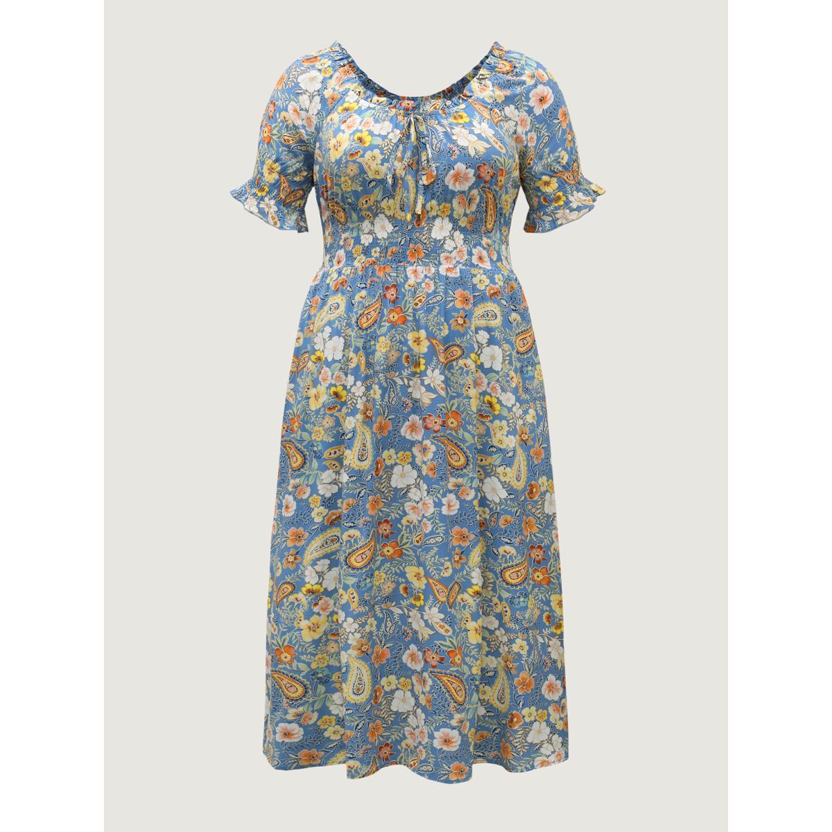 Plus Size Rayon Paisley Ruffled Shirred Waist Midi Dress Skyblue Women Square Neck Short sleeve Curvy BloomChic 26/4X Product Image