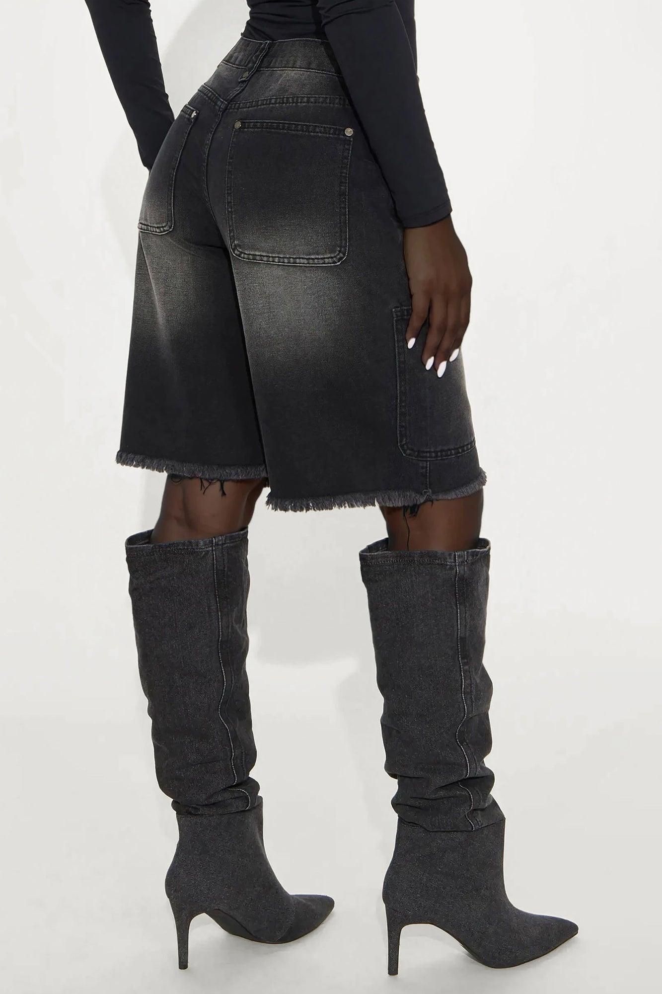 Out Of Your Way Utility Denim Jorts - Black Wash Female Product Image