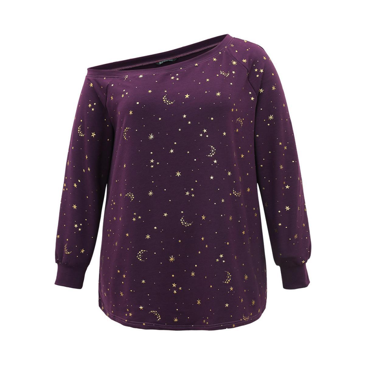 Plus Size Moon & Star Glitter One Shoulder Sweatshirt Women Eggplant Casual Elastic cuffs One Shoulder Dailywear Sweatshirts BloomChic 26/4X Product Image