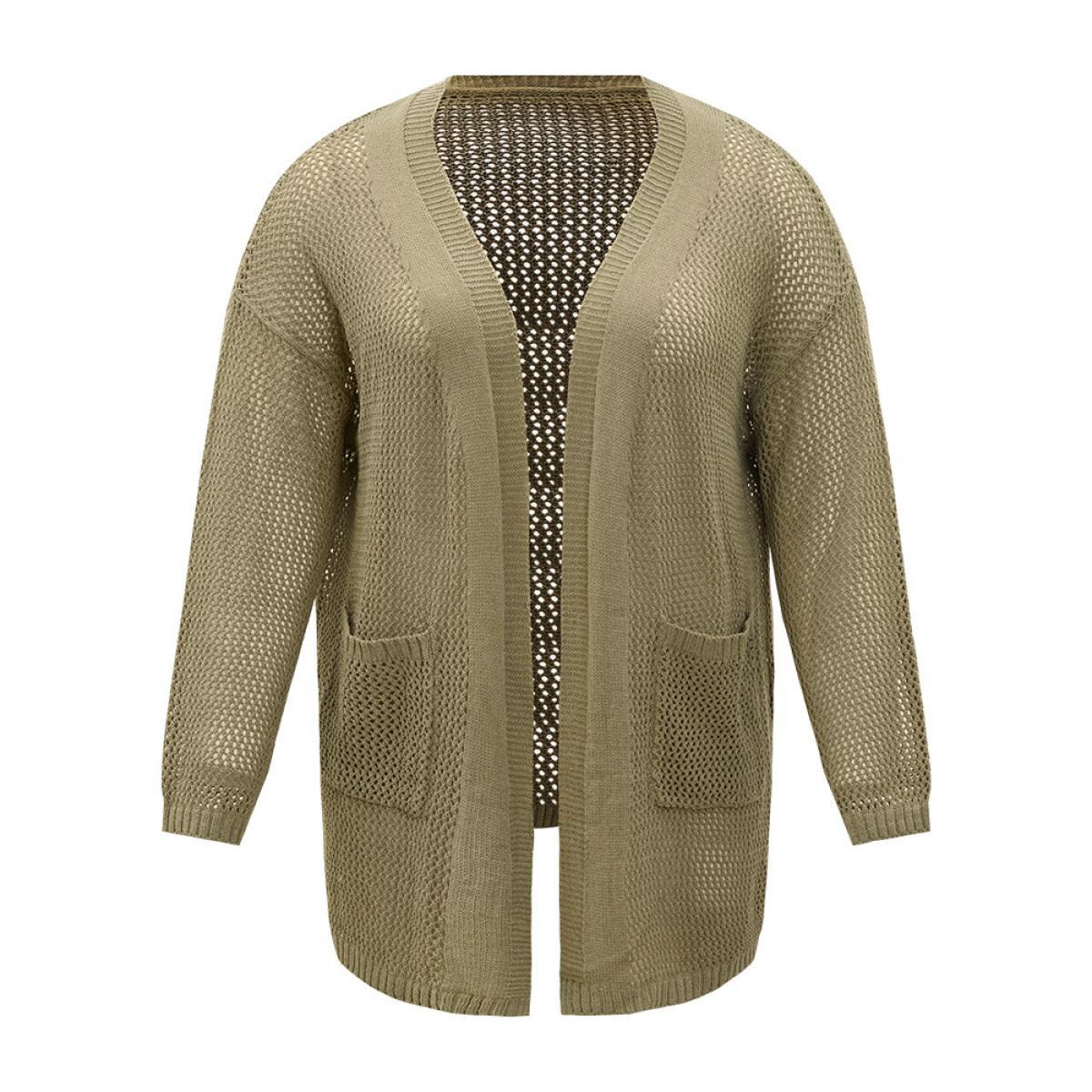 Plus Size Solid Patched Pocket Open Front Patchwork Cardigan Olive Women Casual Loose Long Sleeve Everyday Cardigans BloomChic 30/6X Product Image
