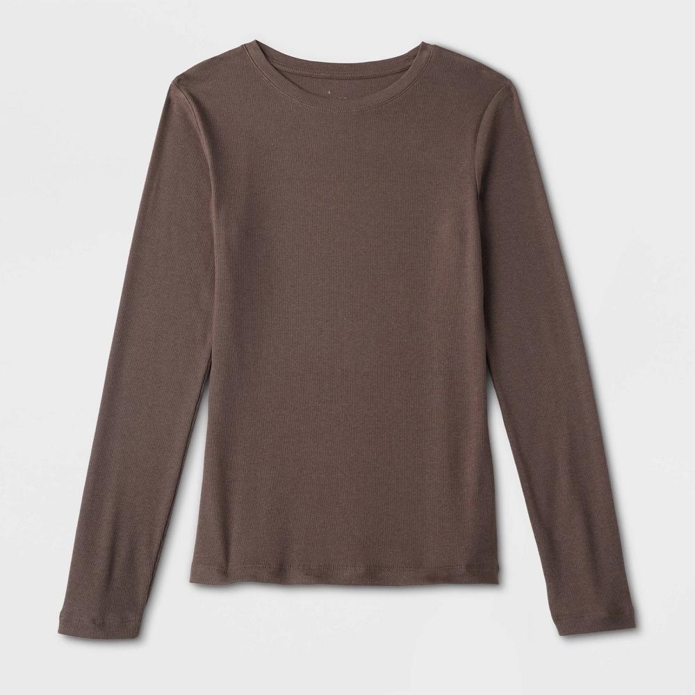 Women's Slim Fit Long Sleeve Ribbed T-Shirt - A New Day™ Brown XL Product Image