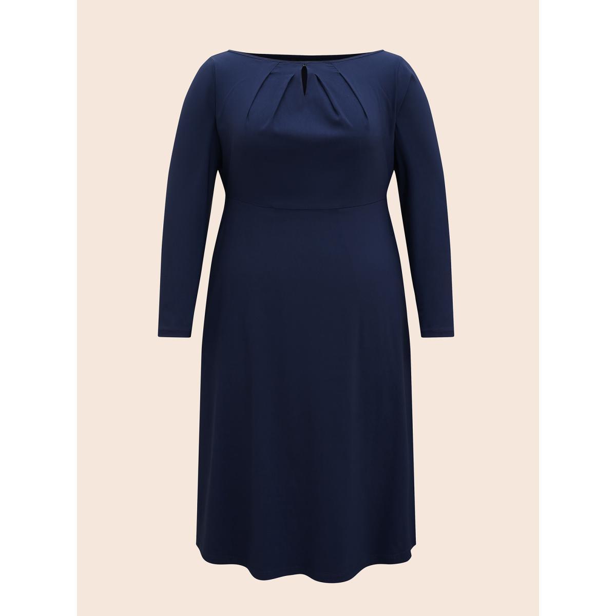 Plus Size Plain Keyhole Pleated Shirred Dress Indigo Women Workwear Essentials Pleated Boat Neck Long Sleeve Curvy BloomChic 10/M Product Image