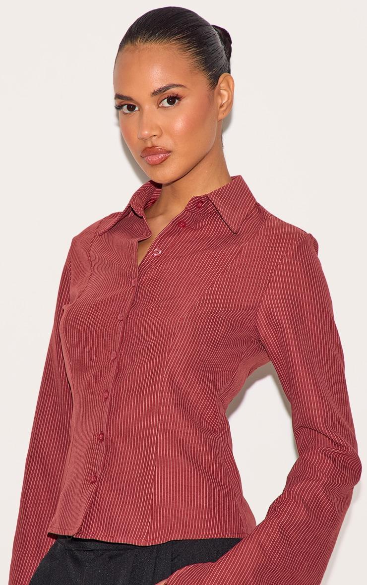  Burgundy Striped Peach Skin Fitted Shirt Product Image
