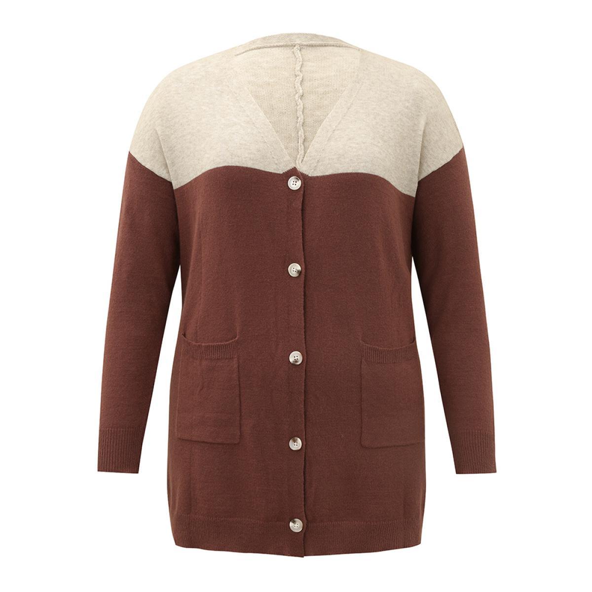 Plus Size Supersoft Essentials Anti-Pilling Contrast Button Up Pullover Brown Women Casual Loose Long Sleeve Dailywear Cardigans BloomChic 30/6X Product Image