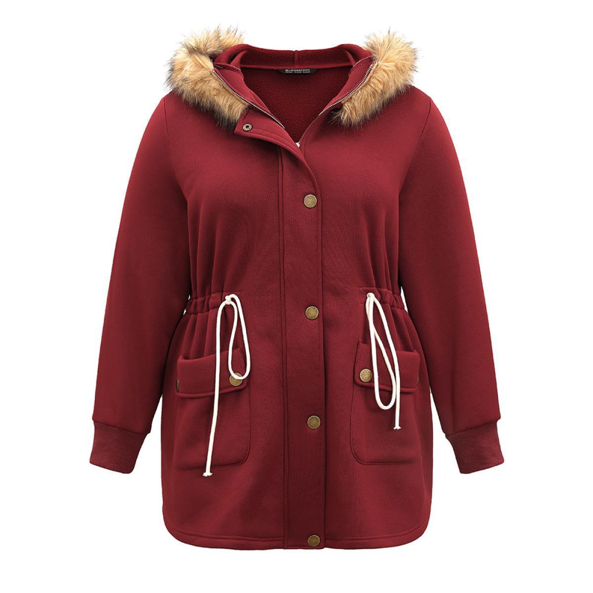Plus Size Plian Drawstring Zipper Fuzzy Trim Hooded Coat Women Scarlet Casual Contrast Ladies Dailywear Winter Coats BloomChic 22-24/3X Product Image