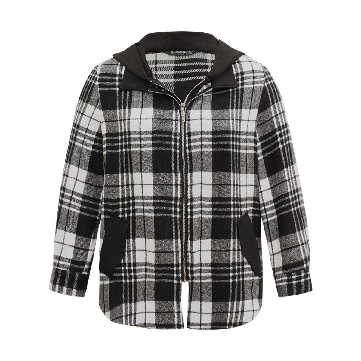 Plus Size Plaid Patchwork Zipper Contrast Hooded Jacket Women Black Contrast Pocket Everyday Jackets BloomChic 10/M Product Image
