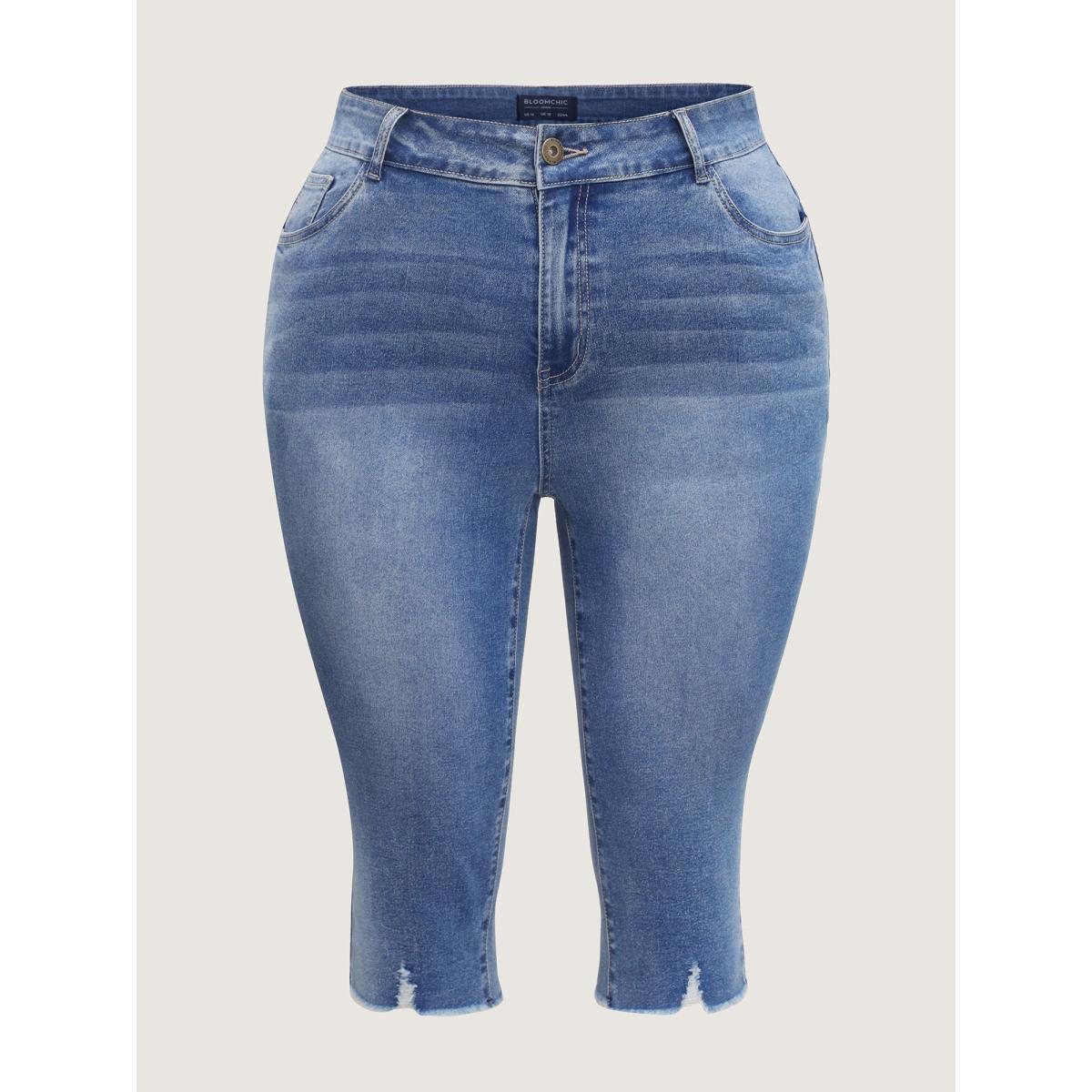 Plus Size No-Gap Waist Stretchy Faded Jeans Women Midblue Casual High stretch Slanted pocket Jeans BloomChic 10/M Product Image