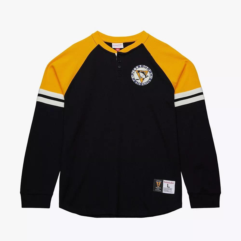 Men's Mitchell & Ness  Black Pittsburgh Penguins Thermal Henley Long Sleeve T-Shirt, Size: Large Product Image