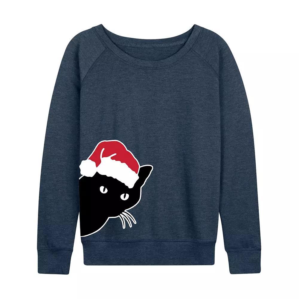 Womens Peeking Cat French Terry Long Sleeve Tee Grey Green Product Image