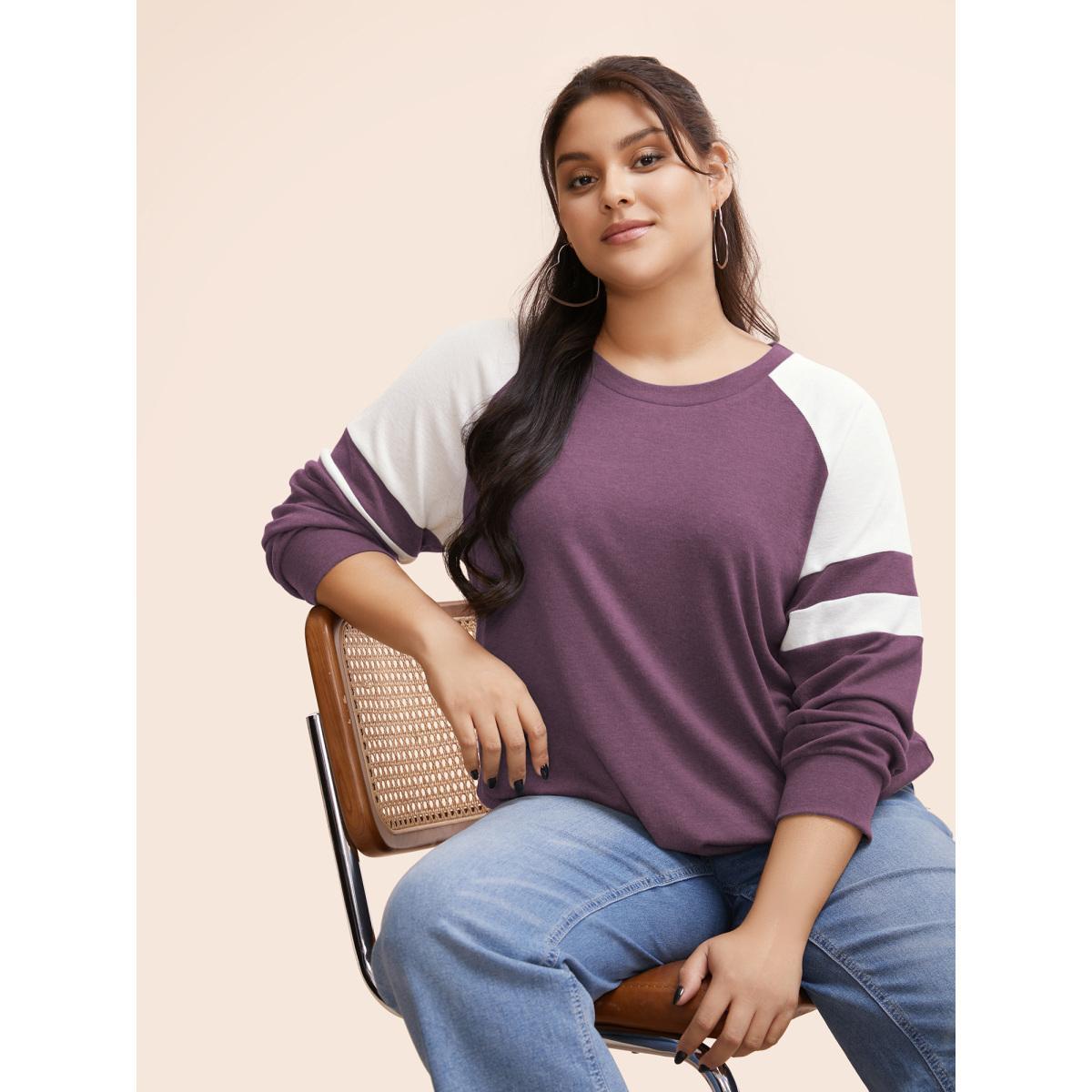 Plus Size Colorblock Contrast Stitch Raglan Sleeve T-shirt Mauve Women Casual Elastic cuffs Striped Round Neck Dailywear T-shirts BloomChic 18-20/2X Product Image