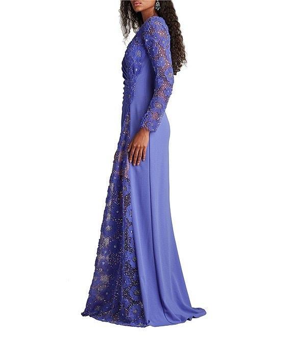 Tadashi Shoji 3D Floral Embroidered Crepe Bateau Neck Long Sleeve Side Ruched Sheath Gown Product Image