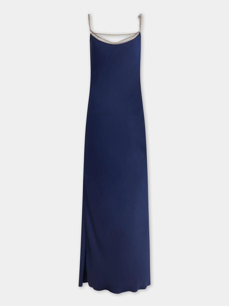BLUE NAVY LONG SLEEVELESS DRESS IN SATIN Product Image