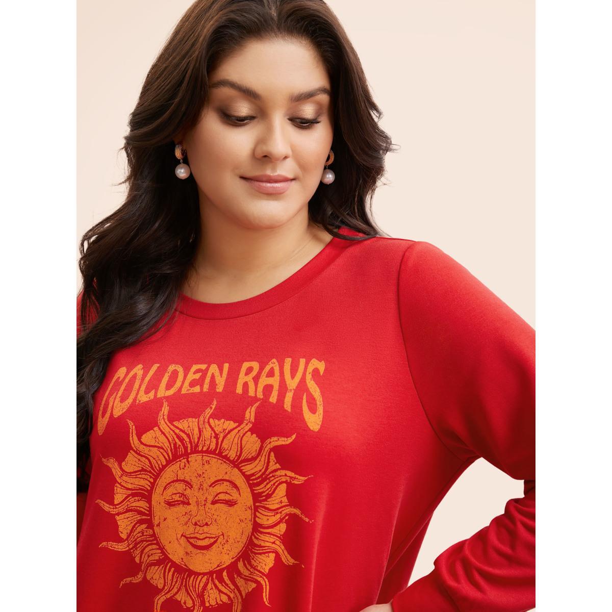 Plus Size Sun Print Round Neck Sweatshirt Women Brightred Elegant Non Round Neck Everyday Sweatshirts BloomChic 28/5X Product Image