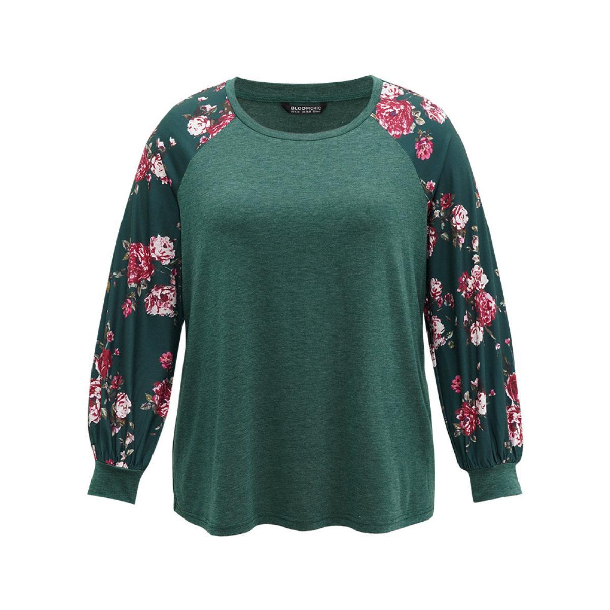 Plus Size Floral Patchwork Crew Neck Raglan Sleeve T-shirt DarkGreen Women Elegant Printed Floral Round Neck Dailywear T-shirts BloomChic 12/L Product Image
