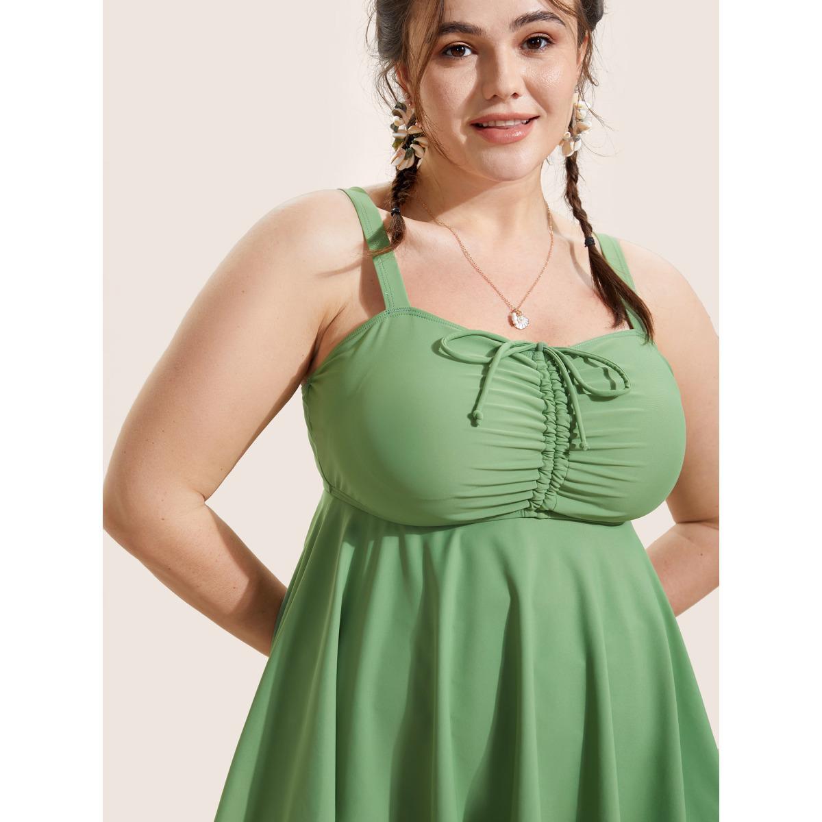 Plus Size Plain Drawstring Ruched Adjustable Straps Swim Top Women's Swimwear Moss Beach Drawstring High stretch Bodycon Heart neckline Curve Swim Tops BloomChic 30/6X Product Image
