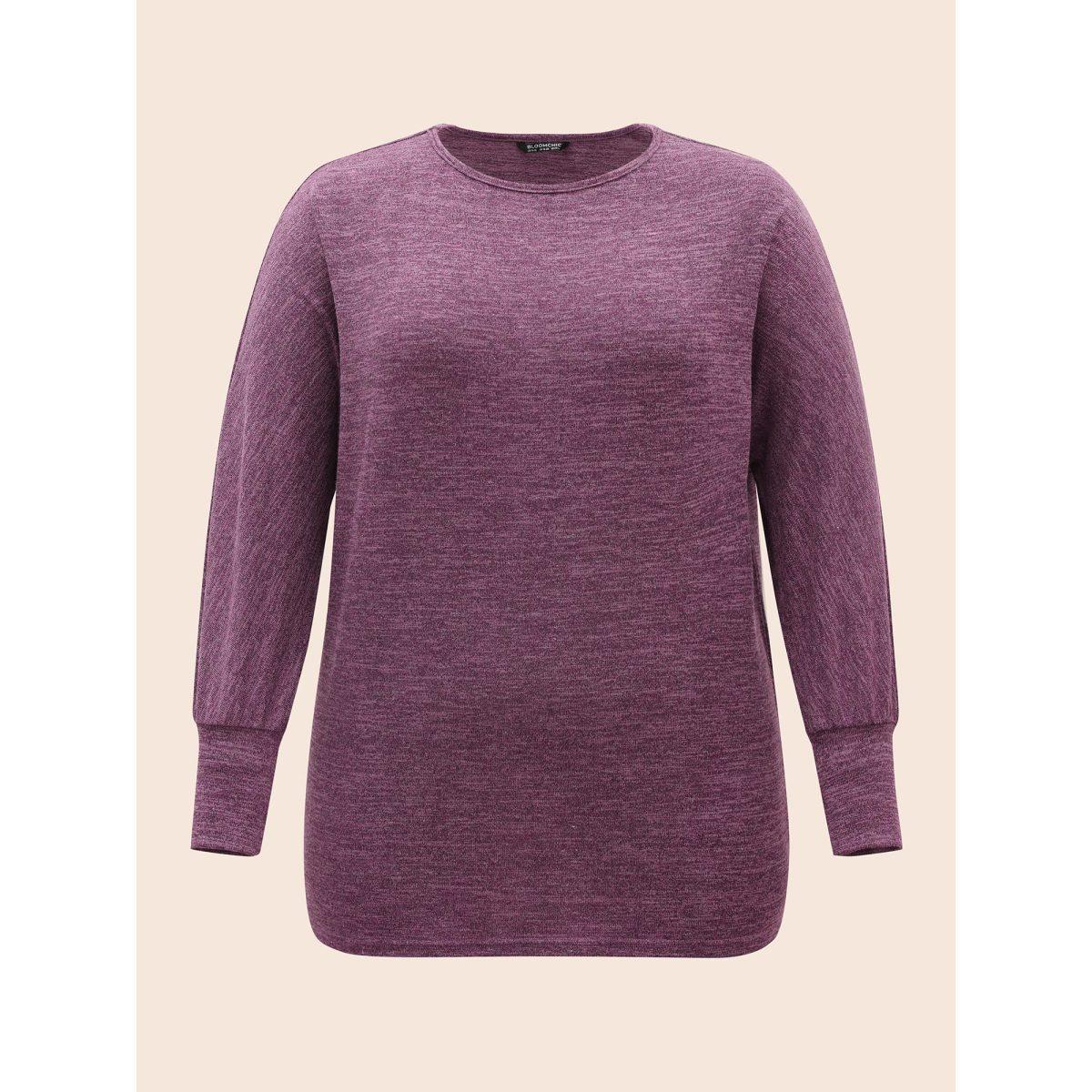 Plus Size Plain Heather Elastic cuffs Dolman Sleeve T-shirt Purple Women Casual Elastic cuffs Plain Round Neck Everyday T-shirts BloomChic 30/6X Product Image