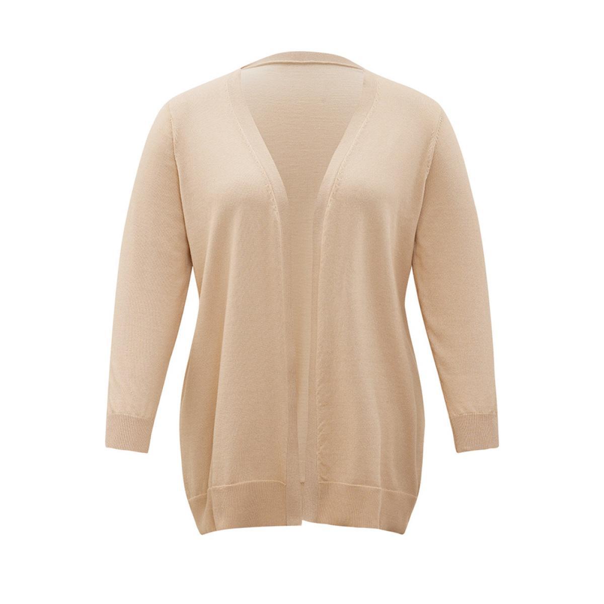 Plus Size Solid Elastic Cuffs Open Front Cardigan Champagne Women Casual Loose Long Sleeve Everyday Cardigans BloomChic 14-16/1X Product Image