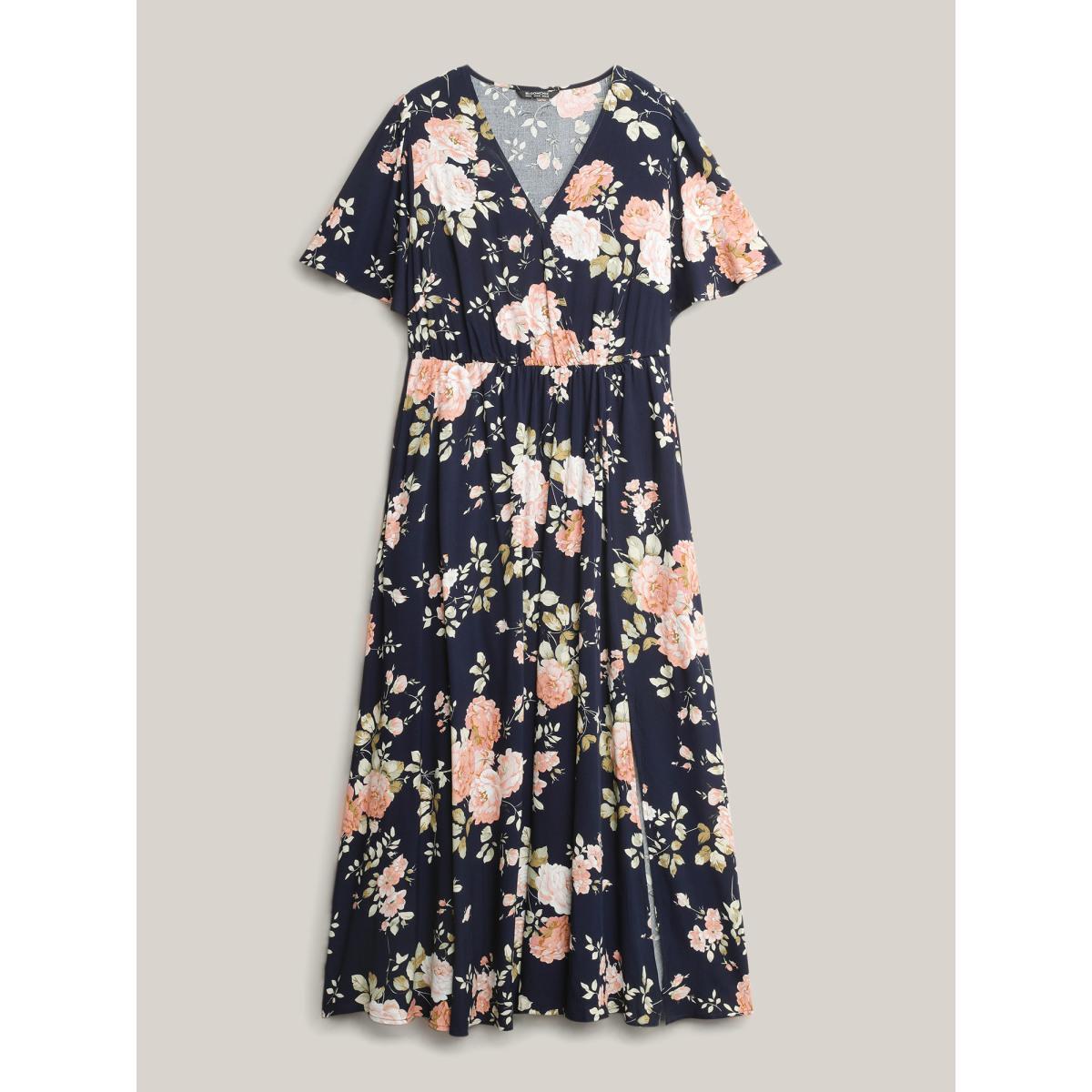 Ditsy Floral Printed Vintage Plus Size Women Vacation Long Dress Ruffle Sleeve Half Sleeve V Neck Pocket Elegance Dresses BloomChic Product Image