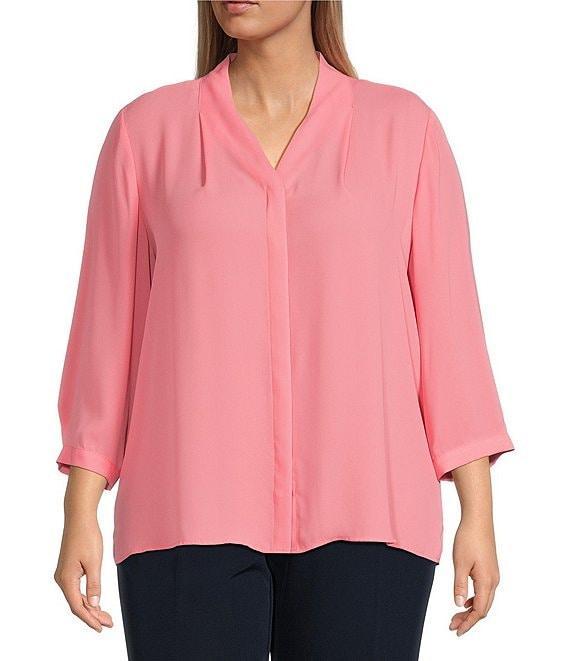 Investments Plus Size Caroline Signature V-Neck 3/4 Sleeve Button Front Blouse Product Image