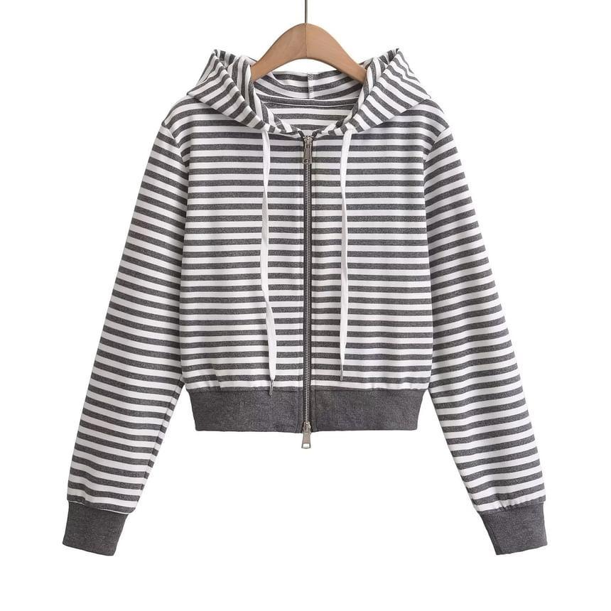 Drawstring Striped Zip Cropped Hoodie Product Image