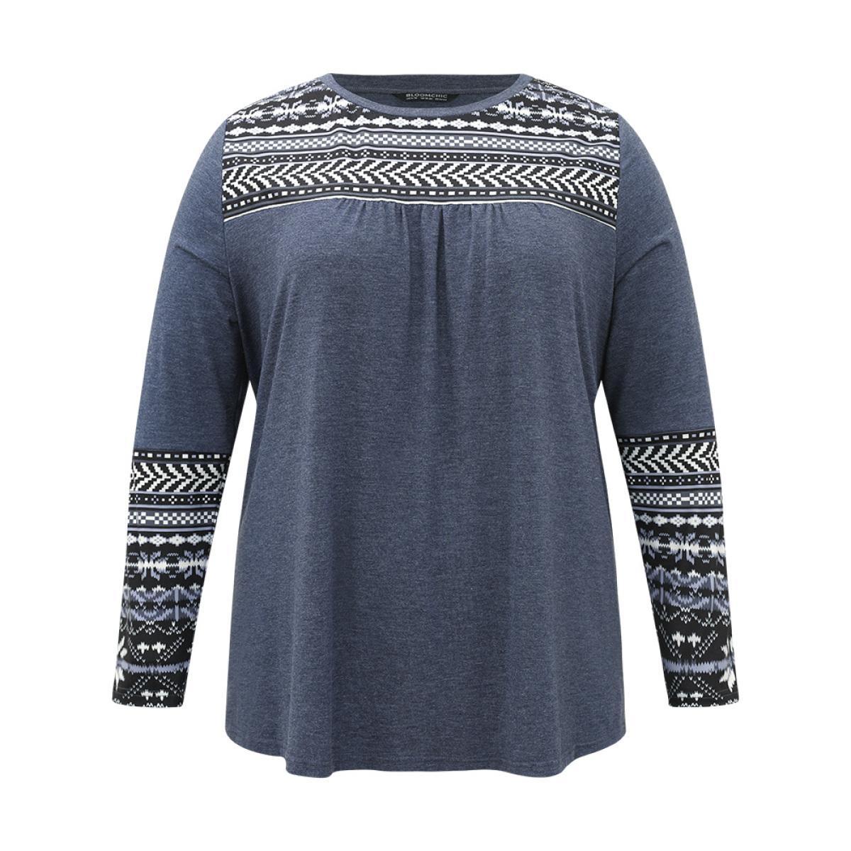 Plus Size Boho Print Round Neck Gathered T-shirt Blue Women Casual Patchwork Bohemian Print Round Neck Dailywear T-shirts BloomChic 22-24/3X Product Image