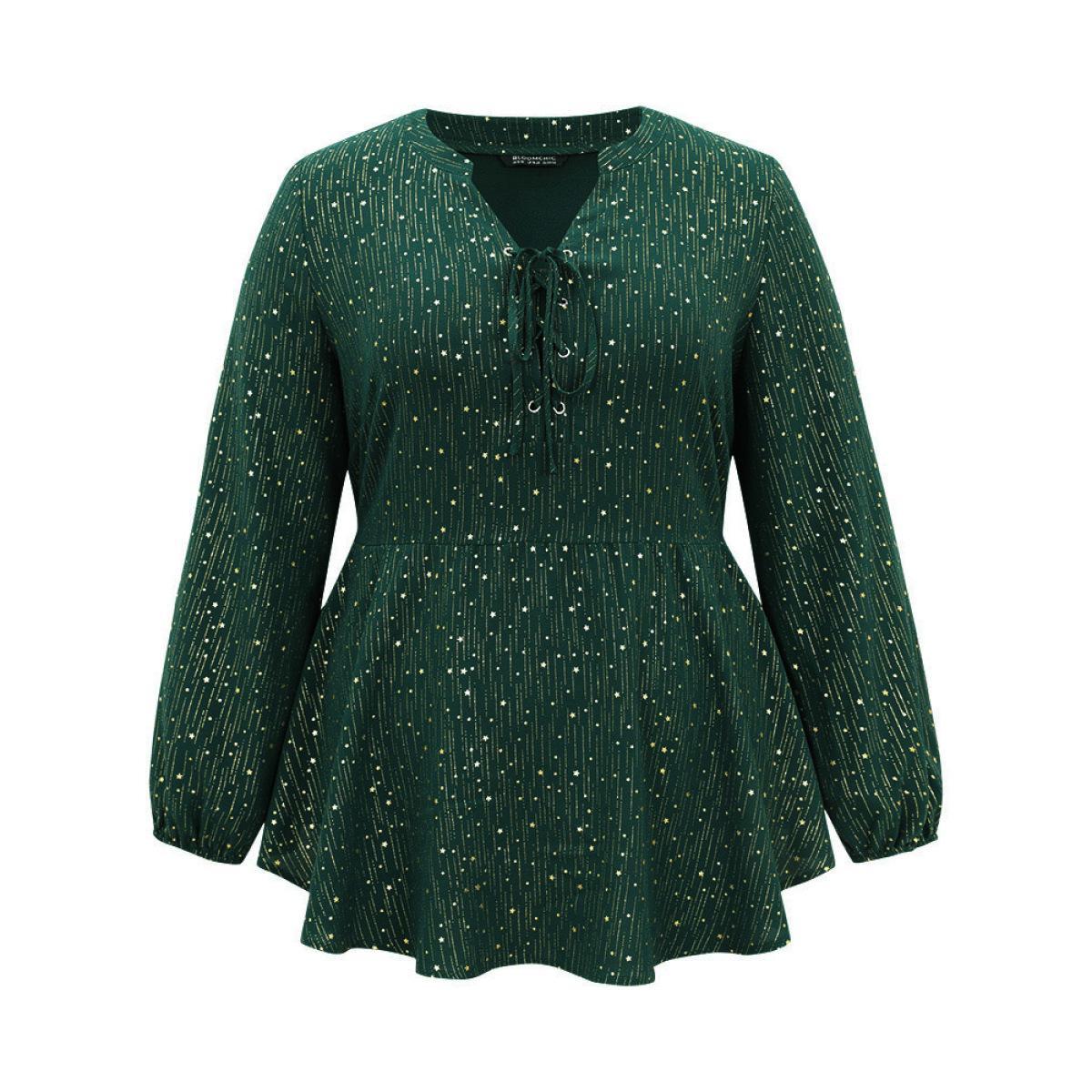 Plus Size Cyan Glitter Lantern Sleeve Elastic Waist Lace Up Blouse Women Cocktail Long Sleeve Tie Neck Party Blouses BloomChic 12/L Product Image