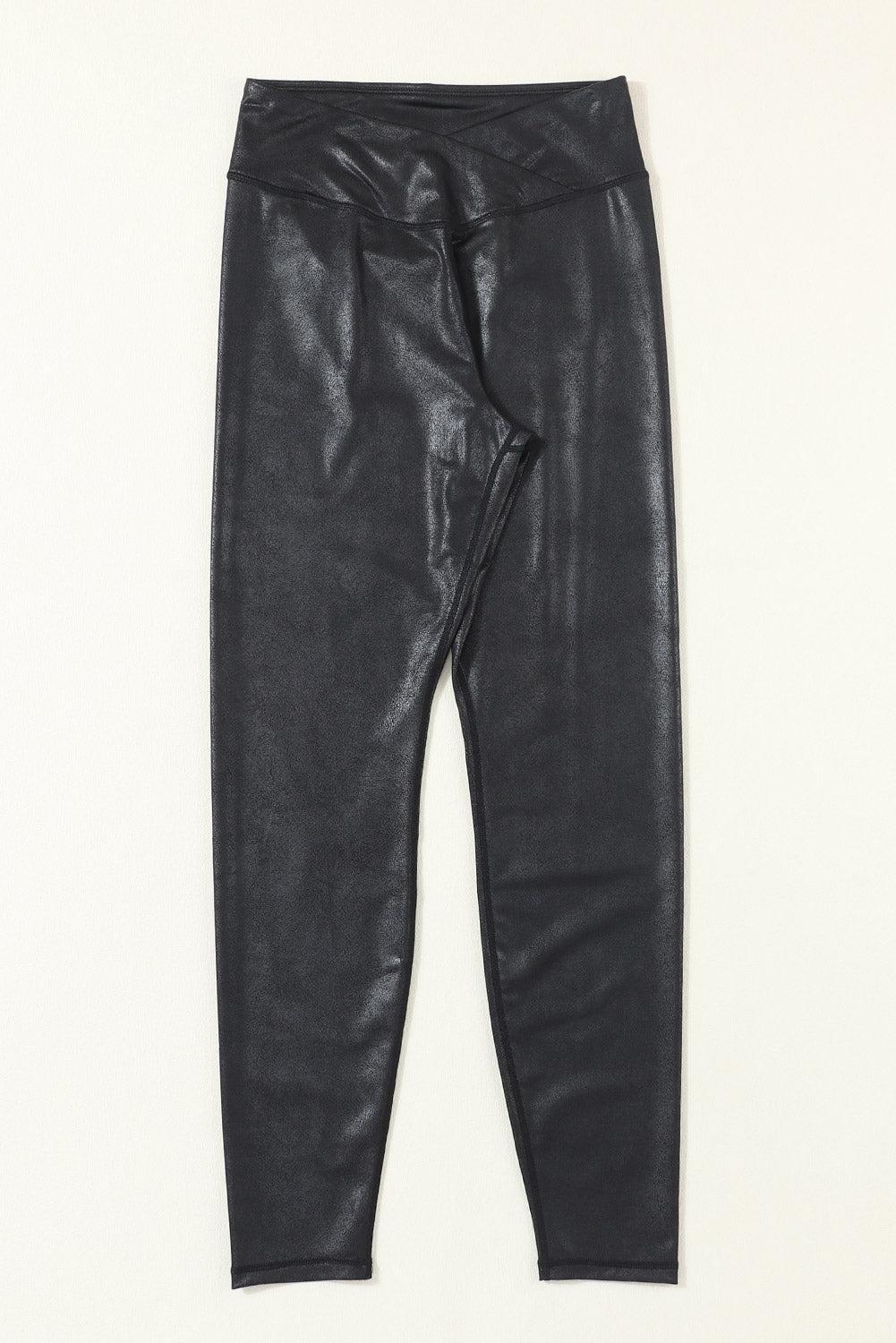 Black Crossed Dip Waist Sleek Leather Leggings Product Image