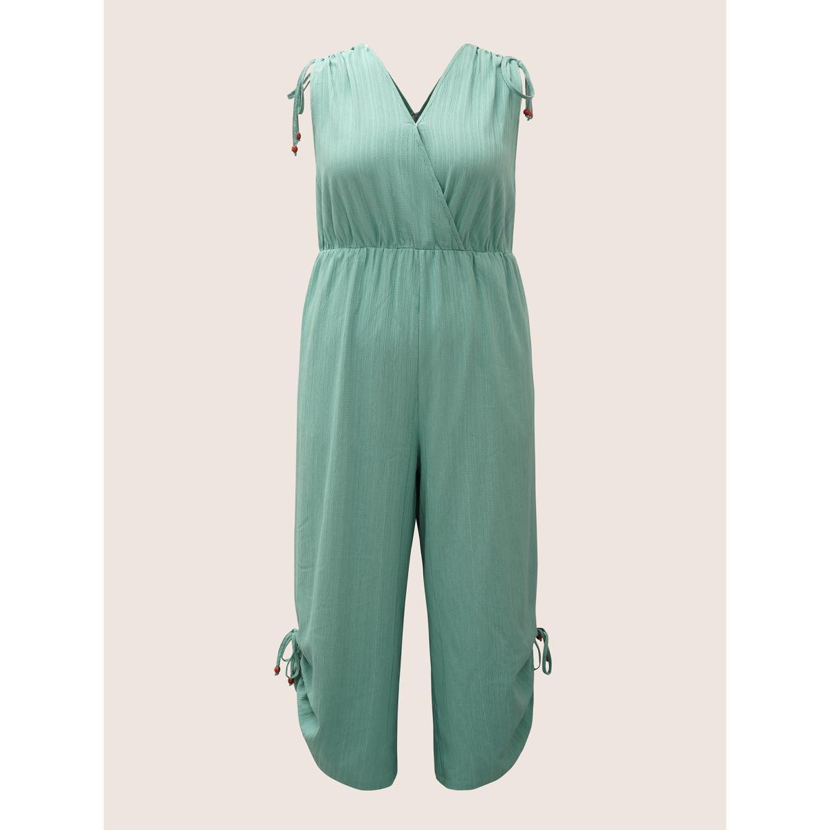 Plus Size Teal Plain Textured Surplice Neck Drawstring Jumpsuit Women Resort Sleeveless V-neck Vacation Loose Jumpsuits BloomChic 18-20/2X Product Image
