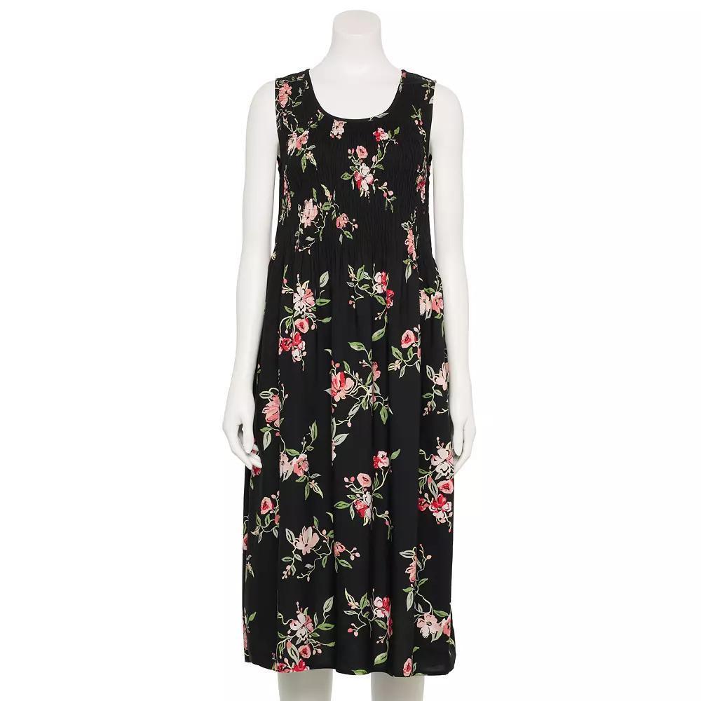 Women's Croft & Barrow® Smocked Midi Dress, Size: Large, Black Team Floral Product Image