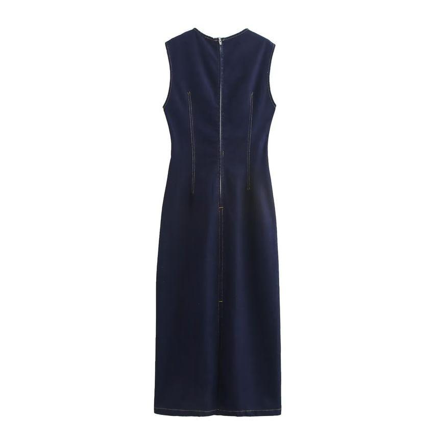 Sleeveless Round Neck Contrast Stitching Denim Midi Sheath Dress Product Image