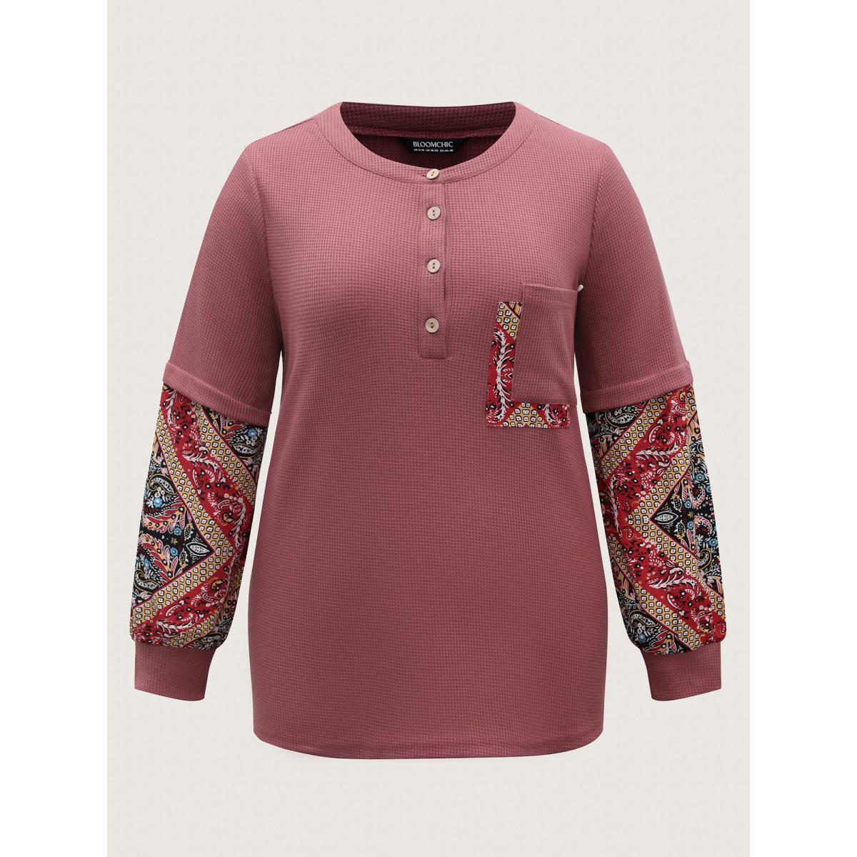 Plus Size Waffle Grid Contrast Paisley Solid Sleeve Sweatshirt Women DustyPink Texture Round Neck Everyday-Casual Sweatshirts BloomChic 26/4X Product Image