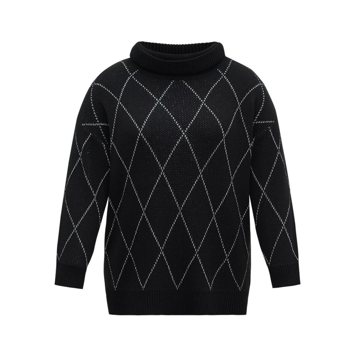 Plus Size Plaid Luxe Contrast Turtleneck Pullover Black Women Casual Loose Long Sleeve Turtleneck Dailywear Pullovers BloomChic 10/M Product Image