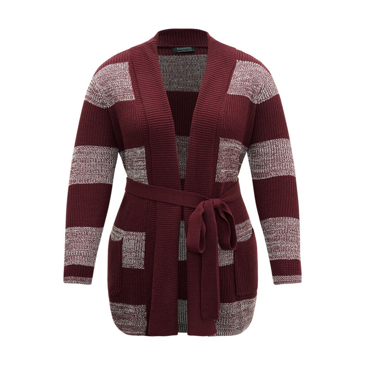 Plus Size Colorblock Heather Belted Pocket Cardigan Burgundy Women Casual Loose Long Sleeve Dailywear Cardigans BloomChic 18-20/2X Product Image