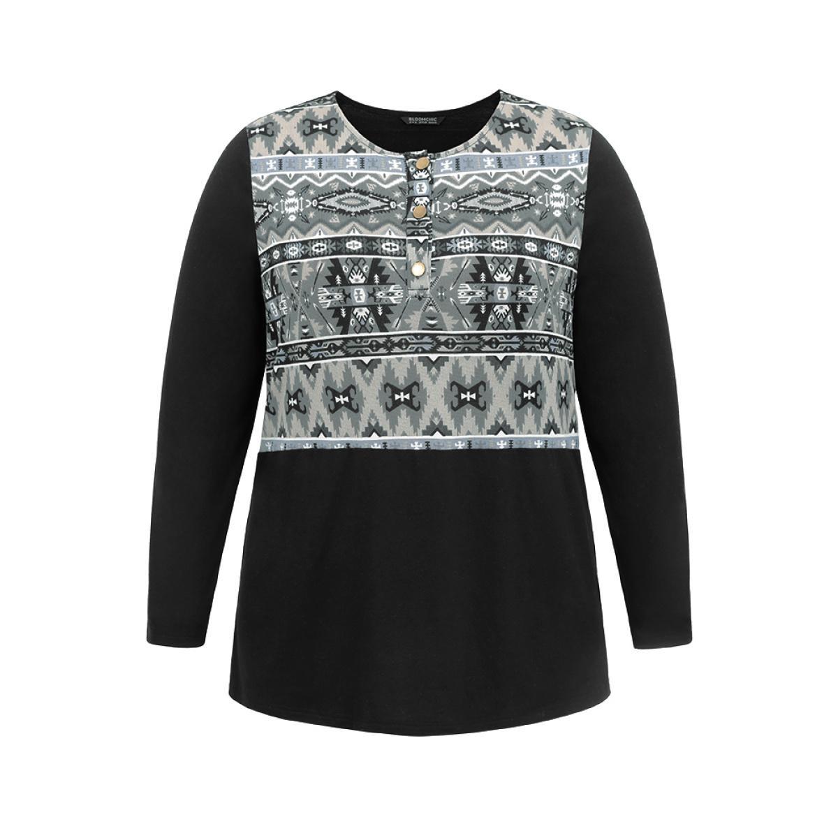 Plus Size Boho Print Patchwork Button Up T-shirt Black Women Casual Patchwork Bohemian Print Round Neck Dailywear T-shirts BloomChic 10/M Product Image