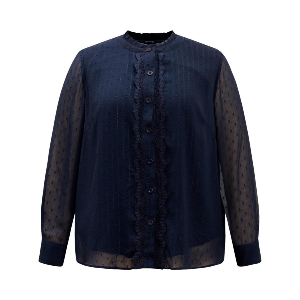 Plus Size Indigo Guipure Lace Mesh Button Through Blouse Women Elegant Long Sleeve Stand-up collar Dailywear Blouses BloomChic 18-20/2X Product Image