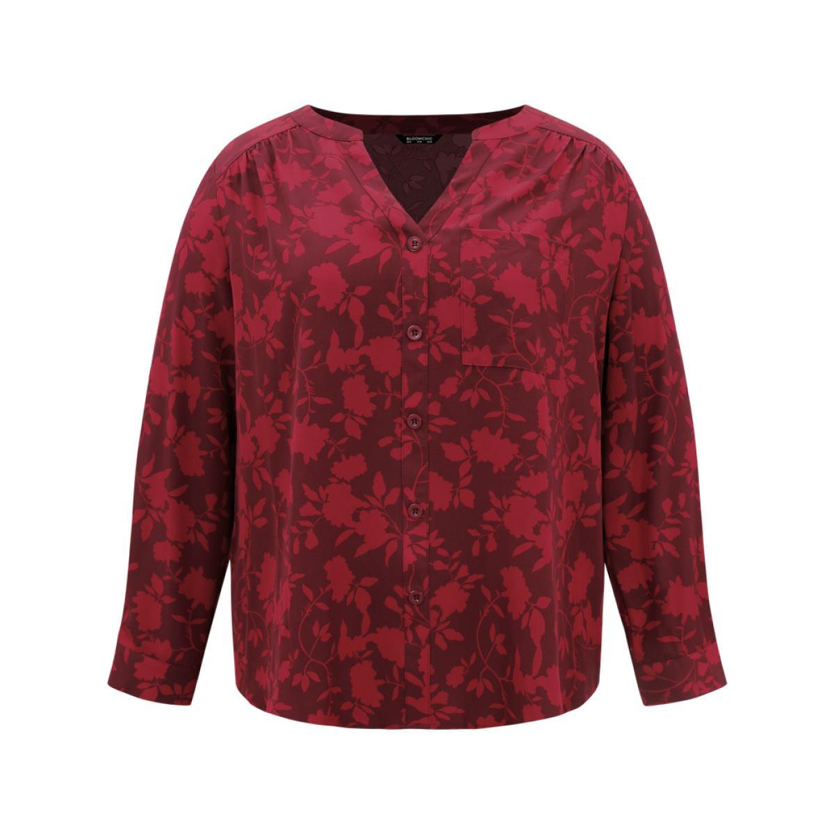Plus Size Scarlet Silhouette Floral Print Gathered Tab Sleeve Blouse Women Elegant Long Sleeve Notched collar Party Blouses BloomChic 12/L Product Image