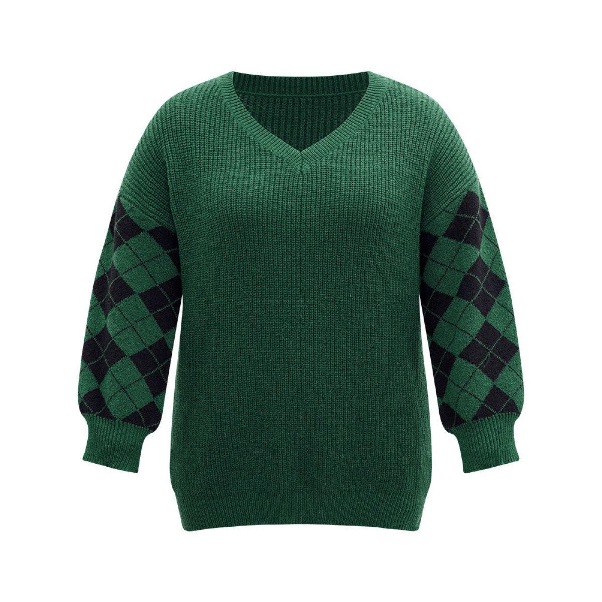 Plus Size Anti-Pilling Plaid Contrast V Neck Elastic Cuffs Pullover DarkGreen Women Casual Loose Long Sleeve V-neck Festival-Christmas Pullovers BloomChic 10/M Product Image