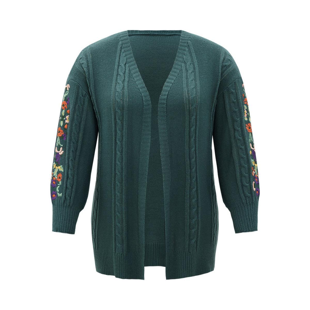 Plus Size Floral Embroidered Cable Knit Lantern Sleeve Cardigan DarkGreen Women Casual Loose Long Sleeve Dailywear Cardigans BloomChic 28/5X Product Image