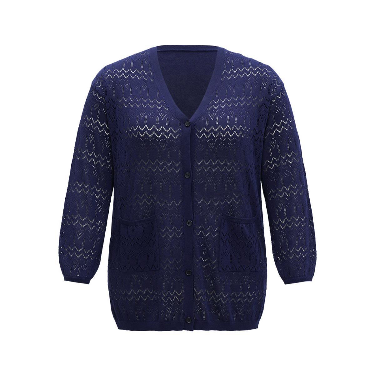Plus Size Plain Pocket Hollow Out Button Through Cardigan Indigo Women Casual Long Sleeve Dailywear Cardigans BloomChic 28/5X Product Image