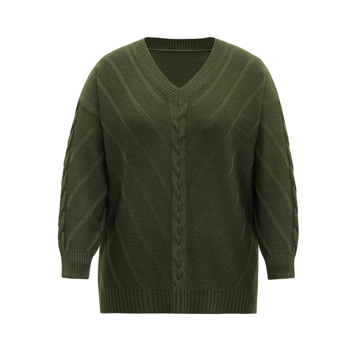 Plus Size Cable Knit Plisse Moderately Stretchy Pullover ArmyGreen Women Casual Loose Long Sleeve V-neck Dailywear Pullovers BloomChic 30/6X Product Image