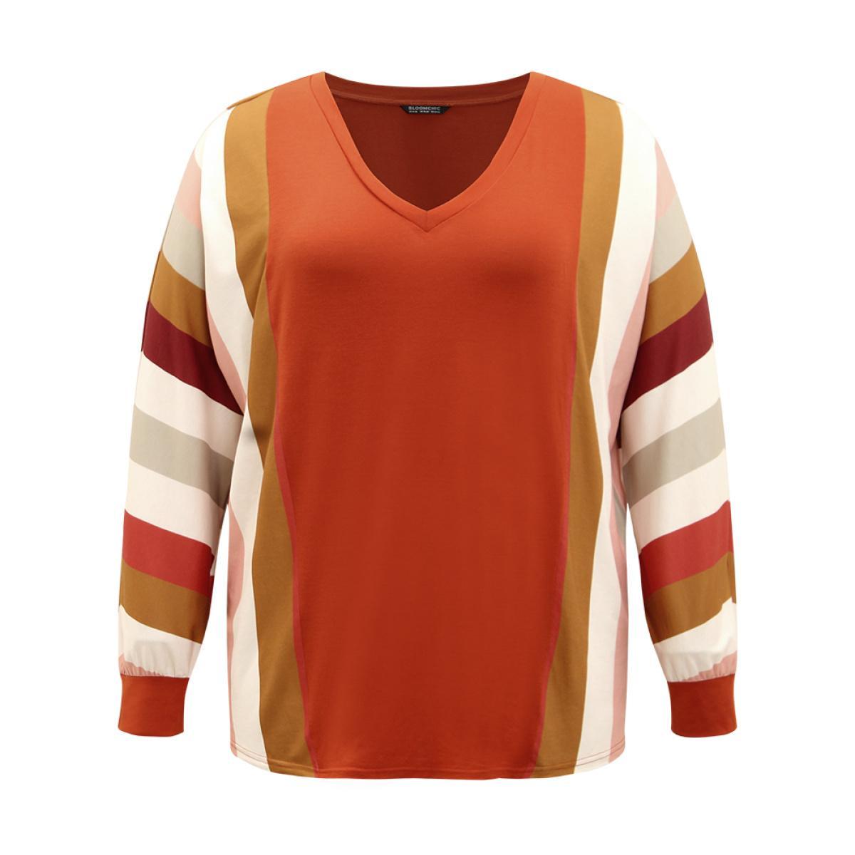 Plus Size Colour Striped V Neck Batwing Sleeve T-shirt Multicolor Women Casual Elastic cuffs Striped V-neck Dailywear T-shirts BloomChic 28/5X Product Image