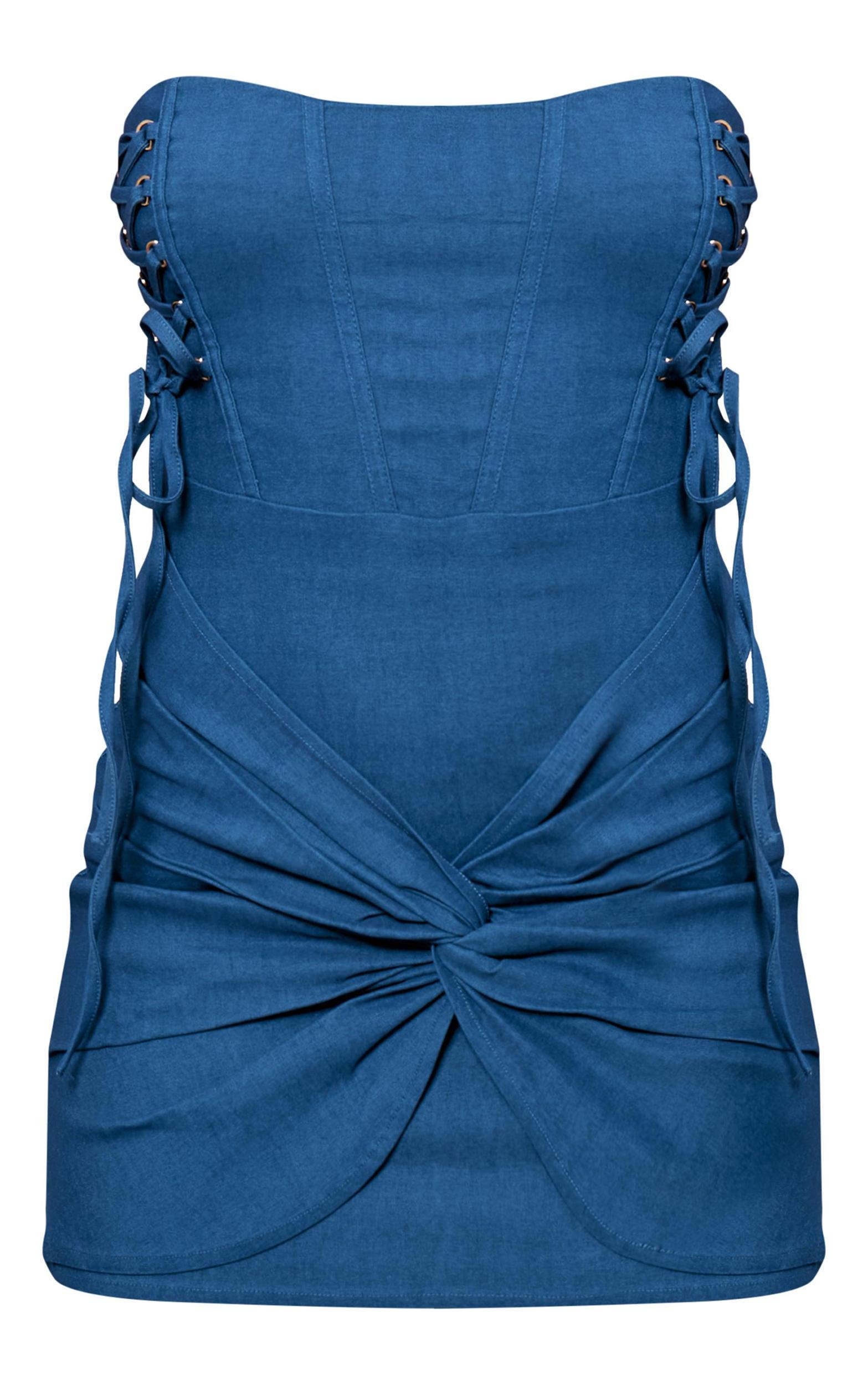 Blue Stretch Woven Bandeau Lace Up Corset Bodycon Dress Product Image