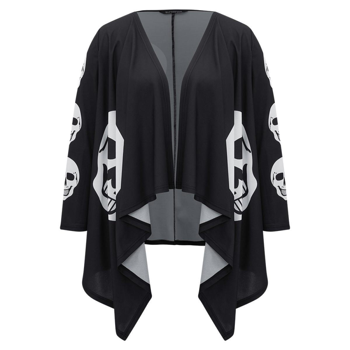 Plus Size Halloween Skull Print Asymmetrical Hem Drape Kimono Women Black Casual Drape Loose Dailywear Kimonos BloomChic 22-24/3X Product Image