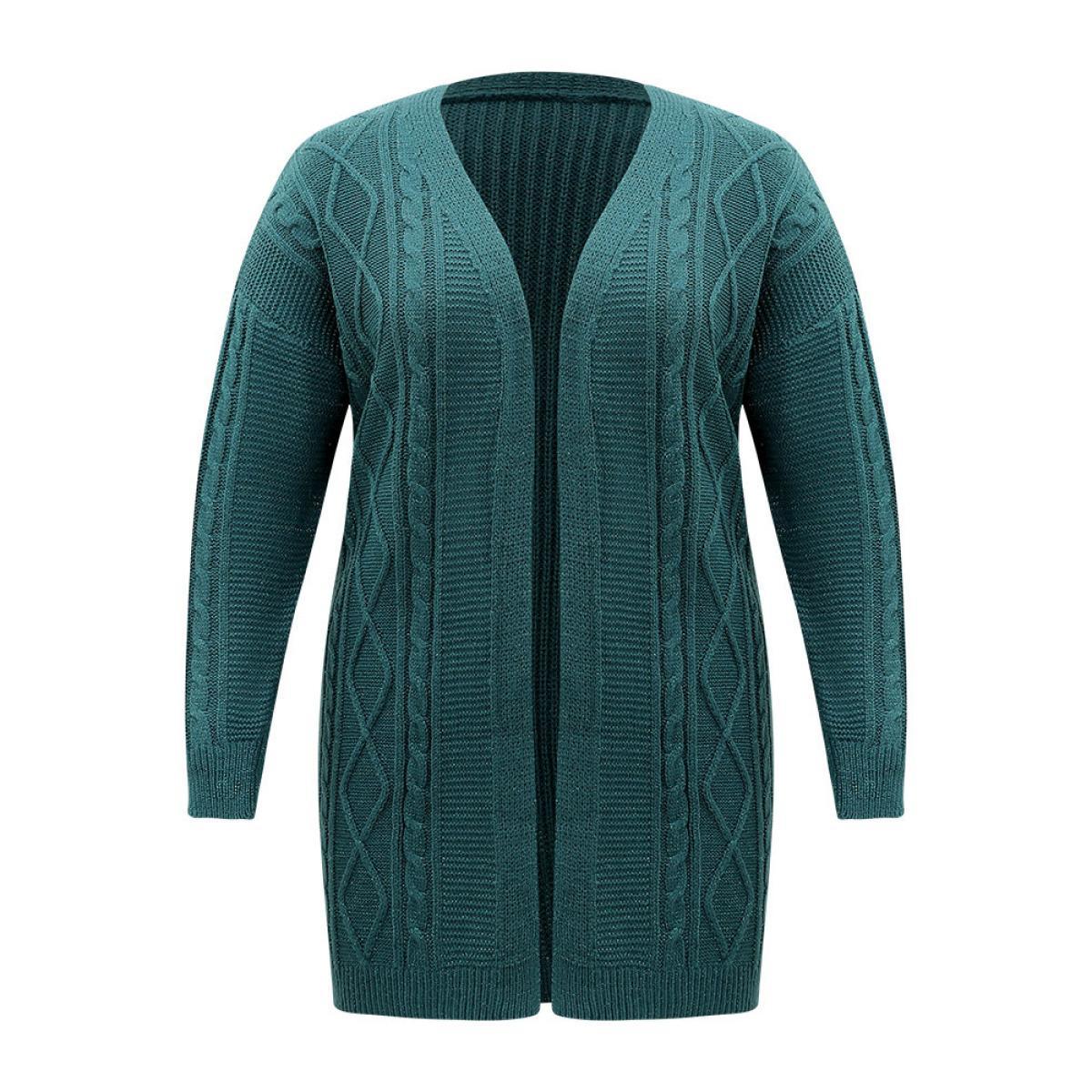 Plus Size Plain Cable Knit Luxe Open Front Cardigan Cyan Women Casual Loose Long Sleeve Dailywear Cardigans BloomChic 26/4X Product Image
