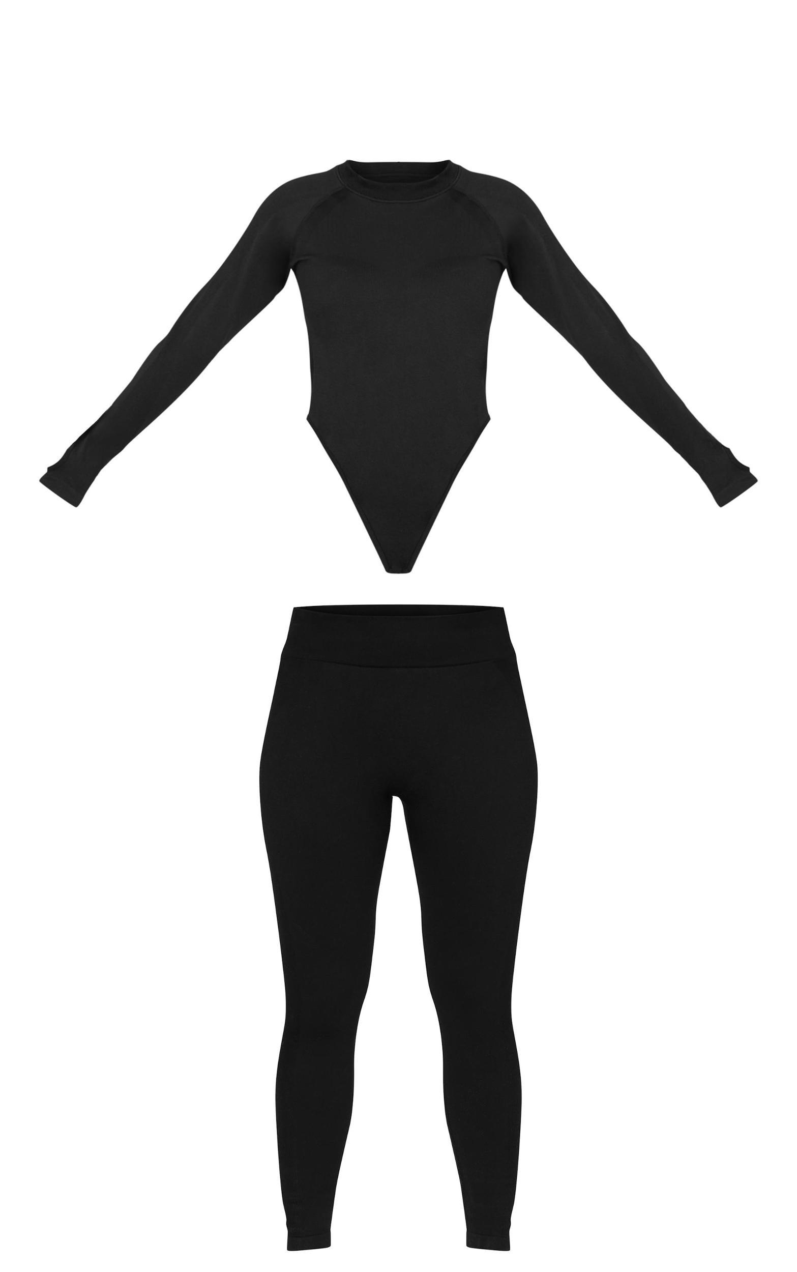 PRETTYLITTLETHING SKI Black Seamless Contrast Rib Bodysuit And Legging Set Product Image