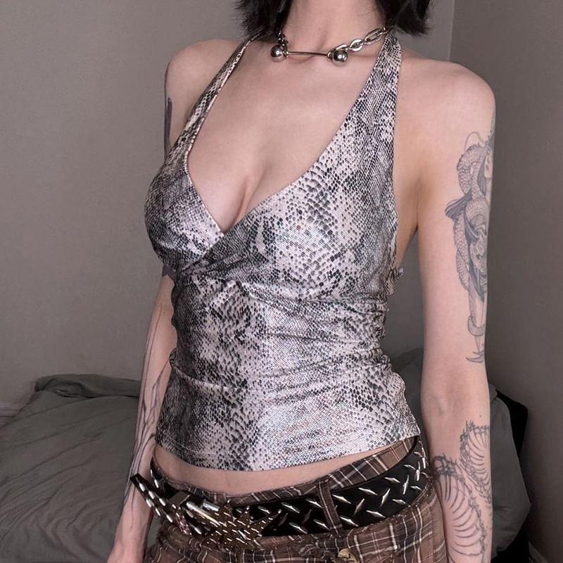 Halter V-Neck Snake Print Slim-Fit Crop Tank Top Product Image