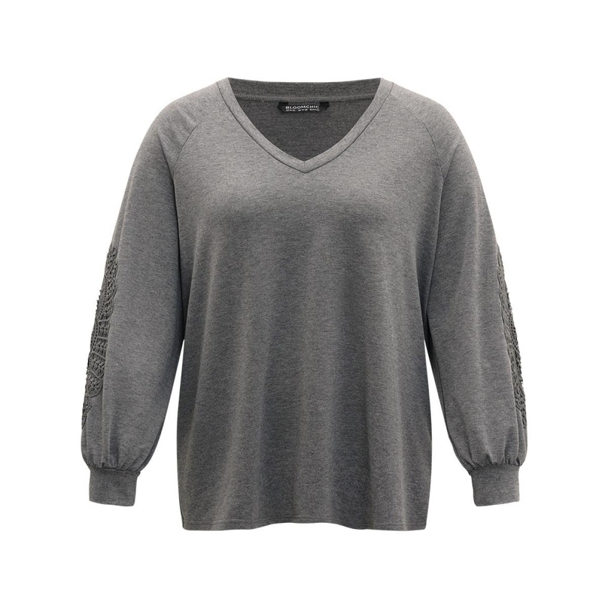 Plus Size Plain Guipure Lace V Neck Raglan Sleeve Sweatshirt Women Gray Elegant Plain V-neck Dailywear Sweatshirts BloomChic 18-20/2X Product Image